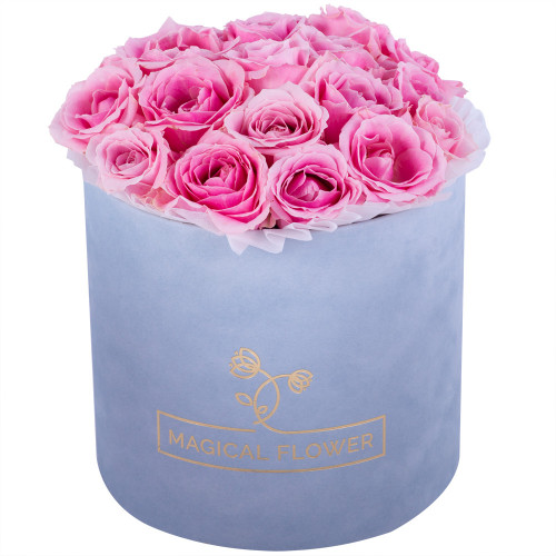 Букет из 19 розовых роз premium в серой бархатной шляпной коробке