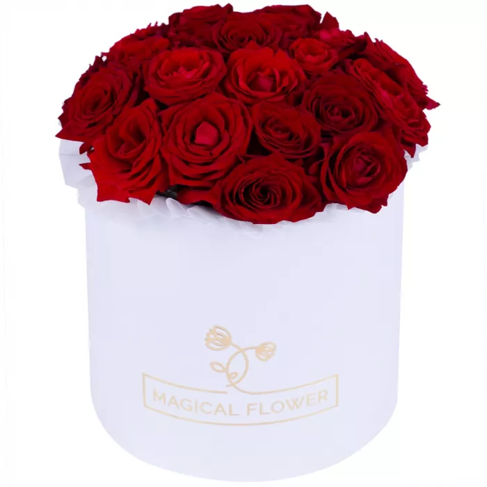Букет из 21 красной розы premium в белой шляпной коробке