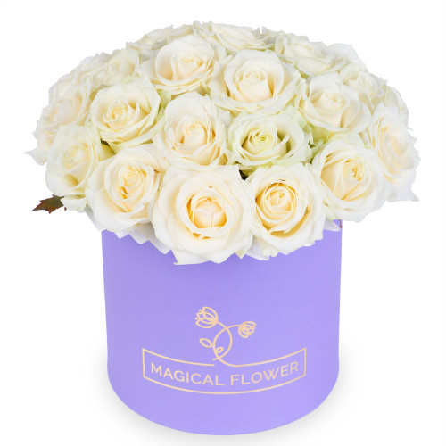 Букет из 25 белых роз premium в фиолетовой шляпной коробке