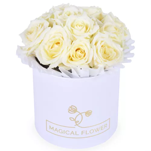 Букет из 11 белых роз в белой шляпной коробке