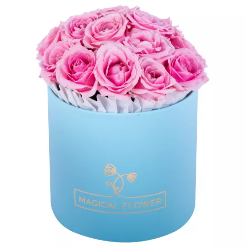 Букет из 15 розовых роз premium в голубой шляпной коробке