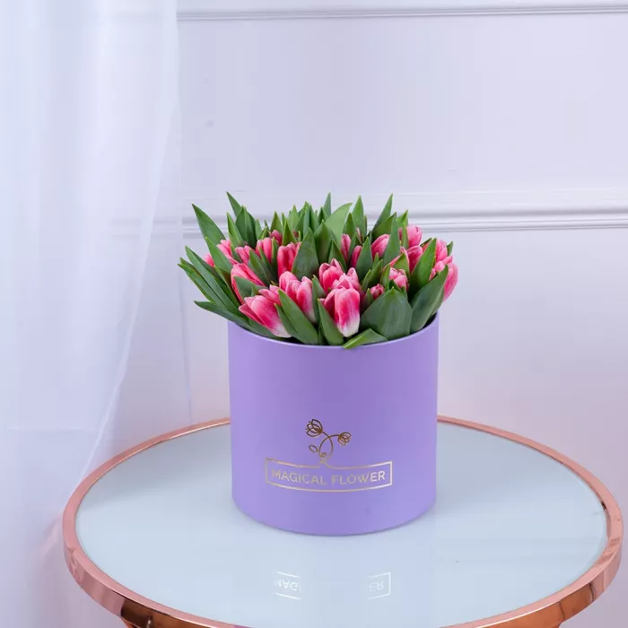 51 Бело-малиновый тюльпан в фиолетовой шляпной коробке