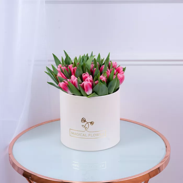 51 Бело-малиновый тюльпан в кремовой шляпной коробке