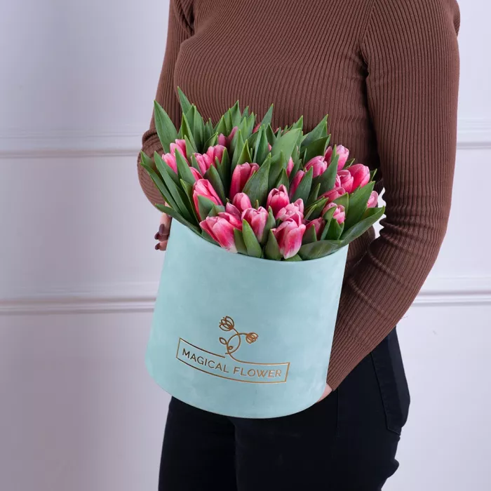 51 Бело-малиновый тюльпан в зеленой бархатной шляпной коробке