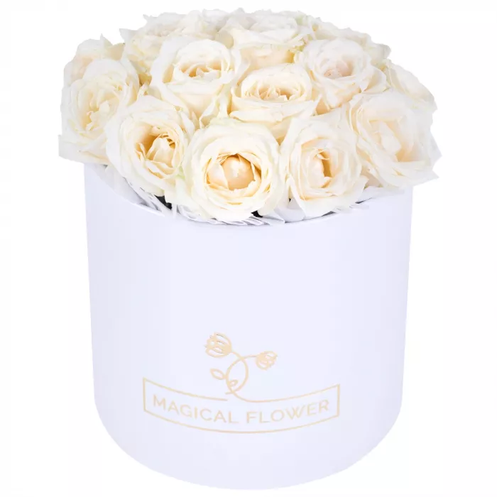 Букет из 19 белых роз premium в белой шляпной коробке