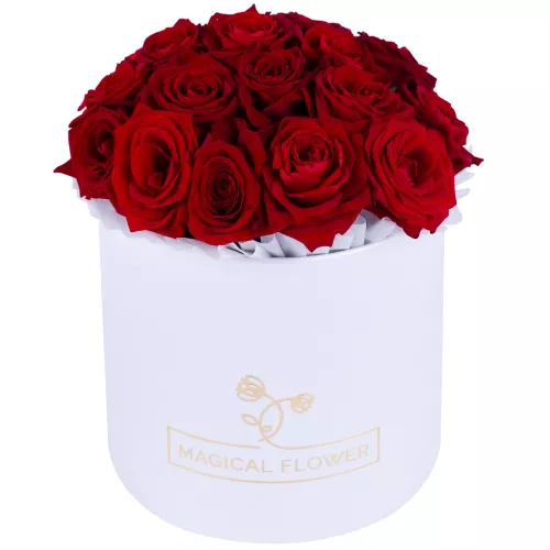 Букет из 19 красных роз premium в белой шляпной коробке