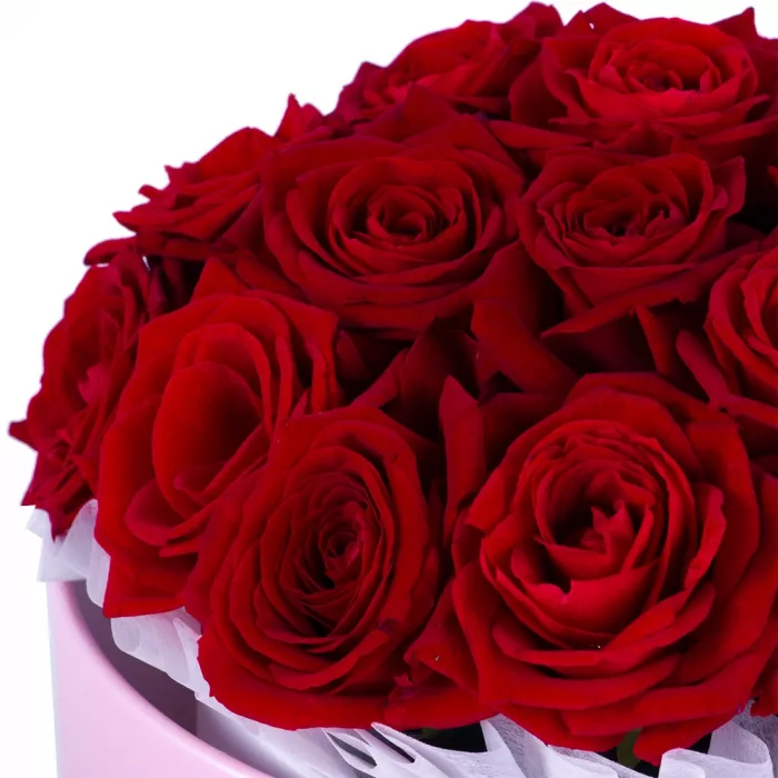 Букет из 19 красных роз premium в розовой шляпной коробке