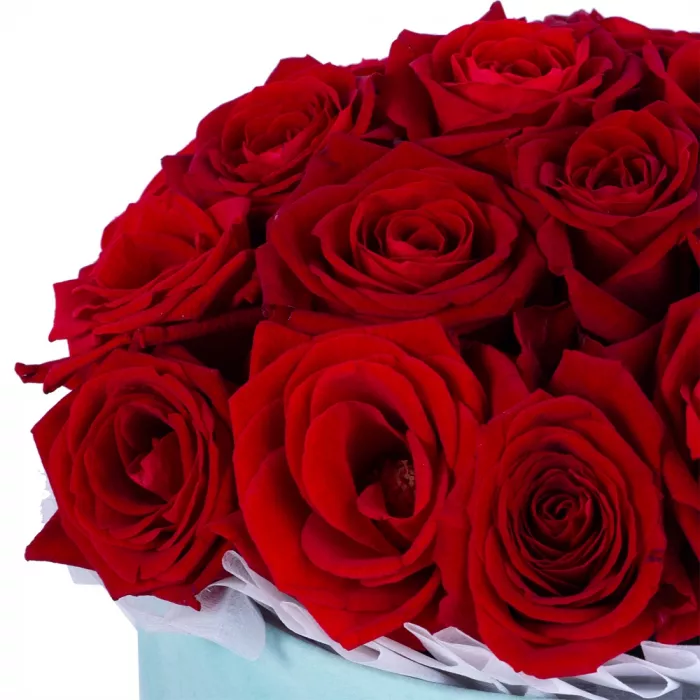 Букет из 19 красных роз premium в зеленой бархатной шляпной коробке
