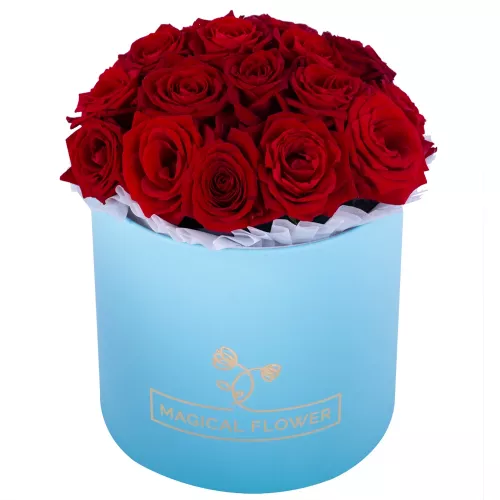 Букет из 19 красных роз premium в голубой шляпной коробке