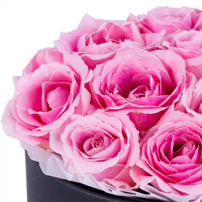 Букет из 19 розовых роз premium в черной шляпной коробке