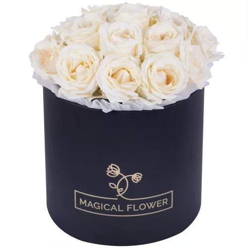 Букет из 19 белых роз premium в черной шляпной коробке