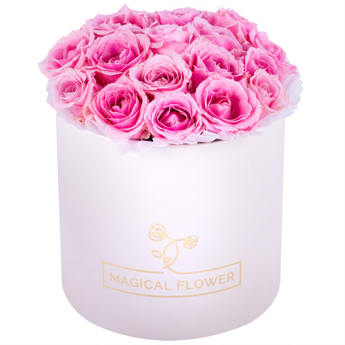 Букет из 19 розовых роз premium в кремовой шляпной коробке