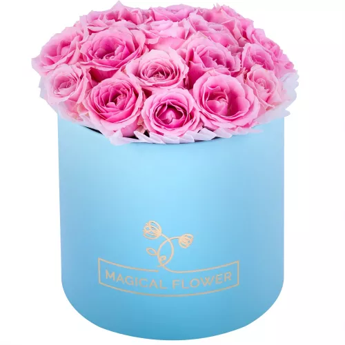 Букет из 19 розовых роз premium в голубой шляпной коробке
