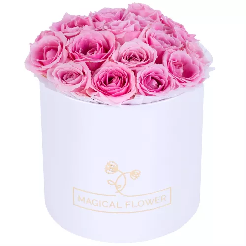 Букет из 19 розовых роз premium в белой шляпной коробке