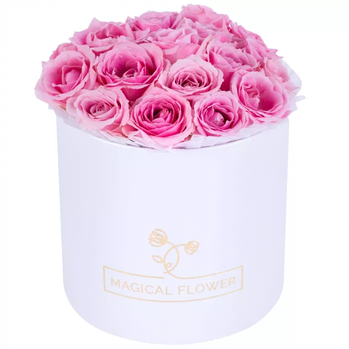 Букет из 19 розовых роз premium в белой шляпной коробке