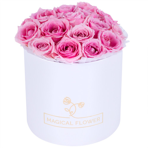Букет из 19 розовых роз premium в белой шляпной коробке