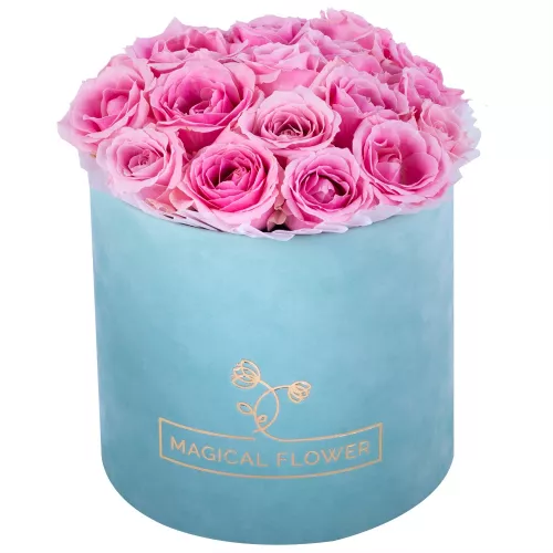 Букет из 19 розовых роз premium в зеленой бархатной шляпной коробке