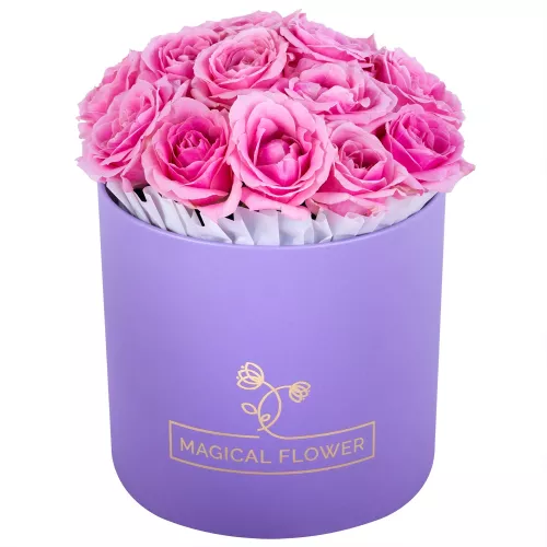 Букет из 15 розовых роз premium в фиолетовой шляпной коробке