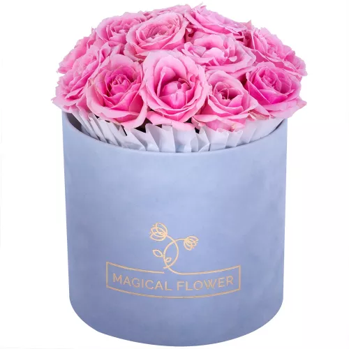 Букет из 15 розовых роз premium в серой бархатной шляпной коробке