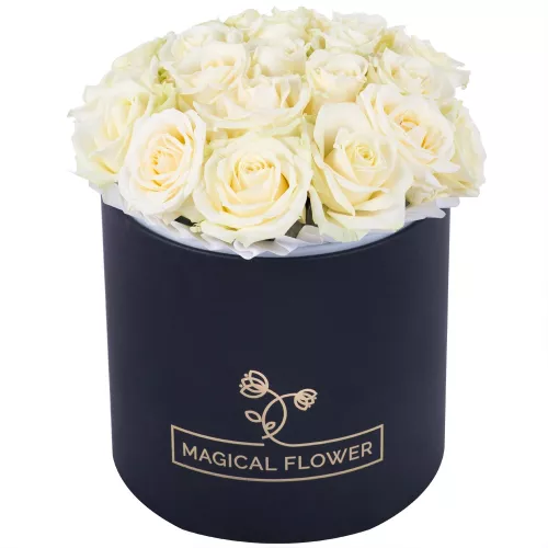 Букет из 21 белой розы premium в черной шляпной коробке