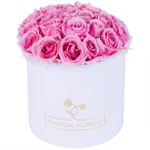 Букет из 21 розовой розы premium в белой шляпной коробке