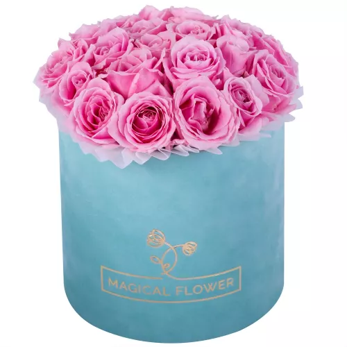 Букет из 21 розовой розы premium в зеленой бархатной шляпной коробке