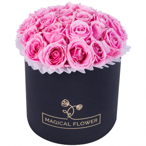 Букет из 21 розовой розы premium в черной шляпной коробке