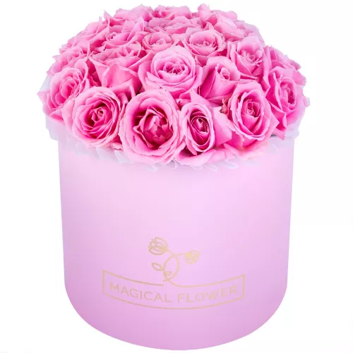 Букет из 21 розовой розы premium в розовой шляпной коробке