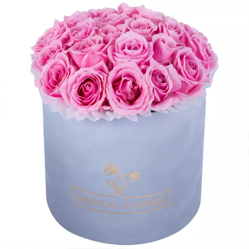 Букет из 21 розовой розы premium в серой бархатной шляпной коробке