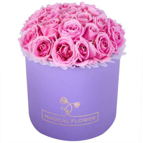 Букет из 21 розовой розы premium в фиолетовой шляпной коробке