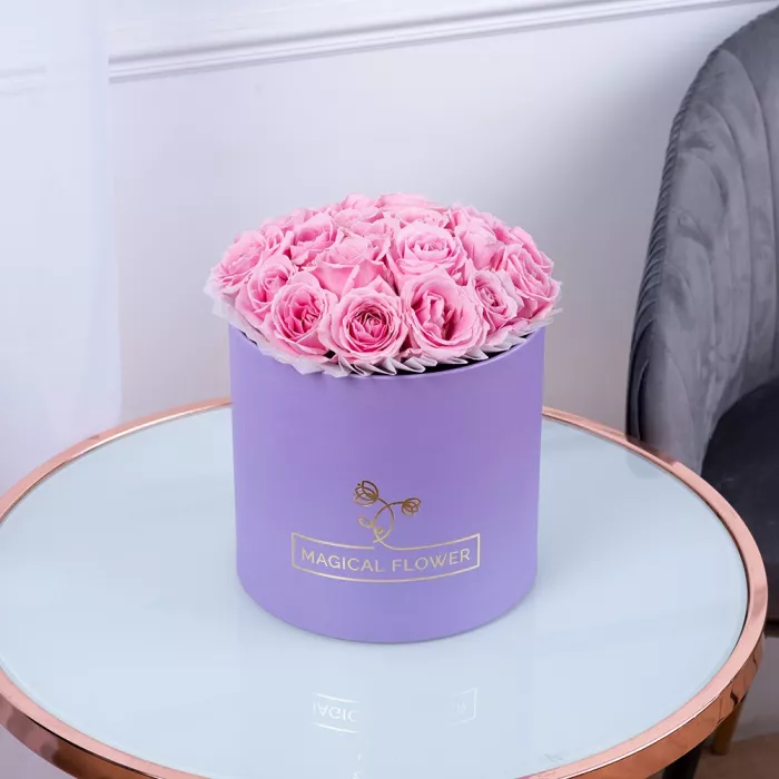 Букет из 21 розовой розы premium в фиолетовой шляпной коробке