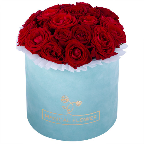 Букет из 21 красной розы premium в зеленой бархатной шляпной коробке