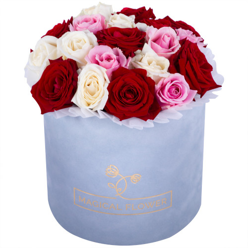 Букет из 19 разноцветных роз premium в серой бархатной шляпной коробке