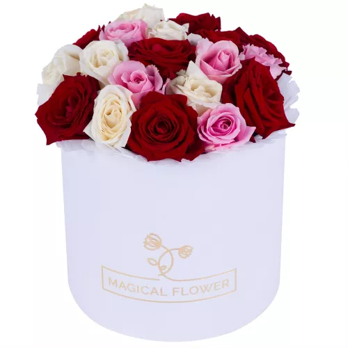 Букет из 19 разноцветных роз premium в белой шляпной коробке