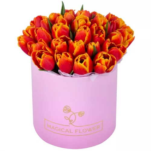 35 огненных тюльпан в розовой шляпной коробке