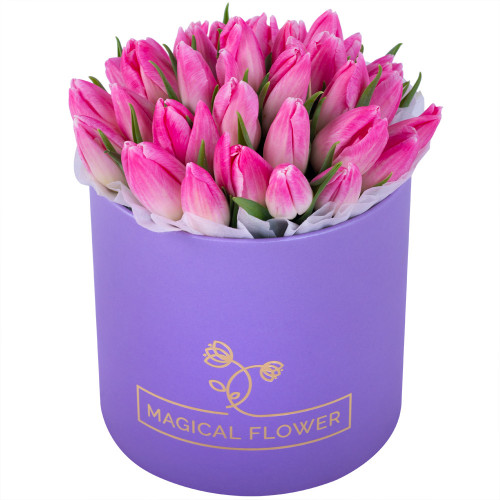 35 розовых тюльпан в фиолетовой шляпной коробке