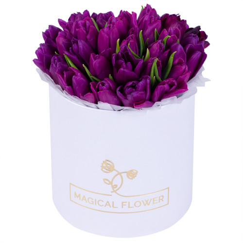 35 фиолетовых тюльпан в белой шляпной коробке
