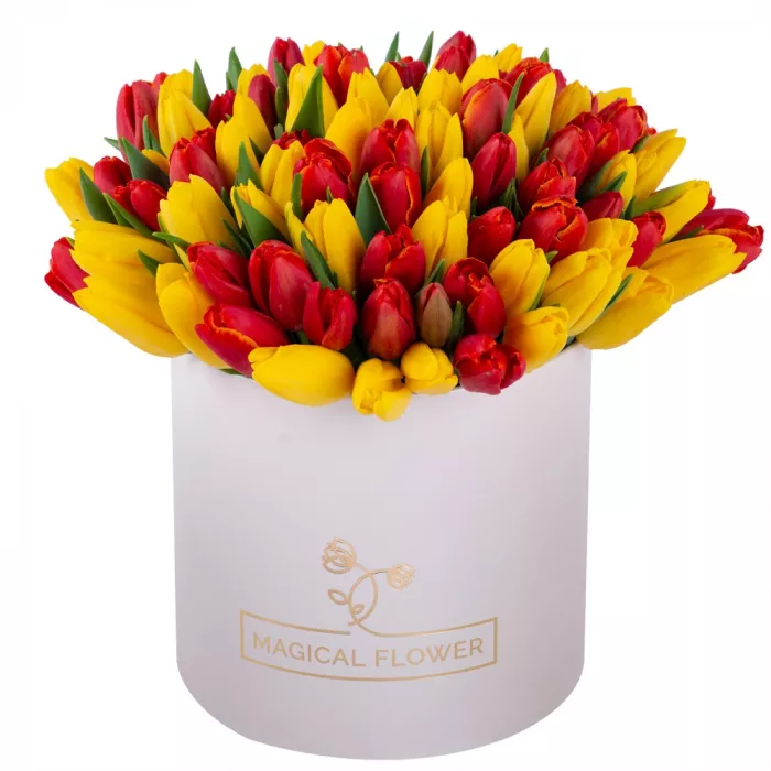 101 разноцветный тюльпан в шляпной кремовой коробке