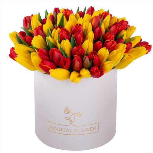 101 разноцветный тюльпан в шляпной кремовой коробке
