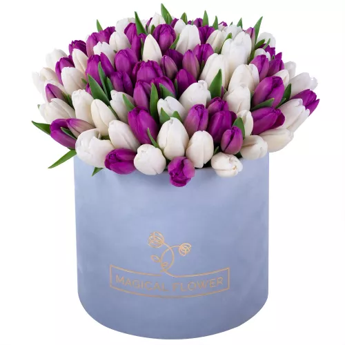 101 разноцветный тюльпан в серой бархатной шляпной коробке