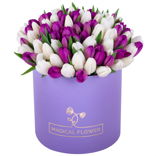 101 разноцветный тюльпан в фиолетовой шляпной коробке