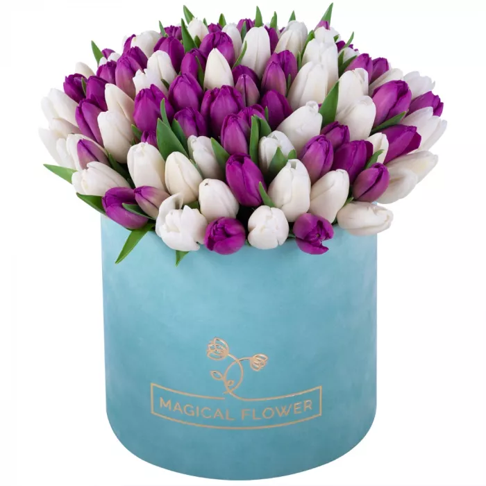 101 разноцветный тюльпан в зеленой бархатной коробке шляпной коробке 101 разноцветный тюльпан в зеленой бархатной коробке шляпной коробке