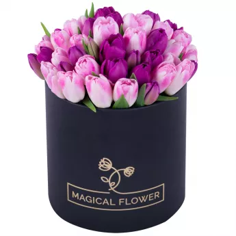 Разноцветный 51 тюльпан в черной шляпной коробке