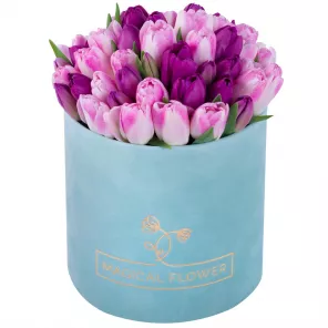 Разноцветный 51 тюльпан в зеленой бархатной шляпной коробке