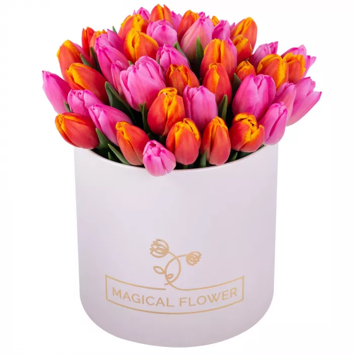 Букет микс из 51 тюльпана в кремовой шляпной коробке