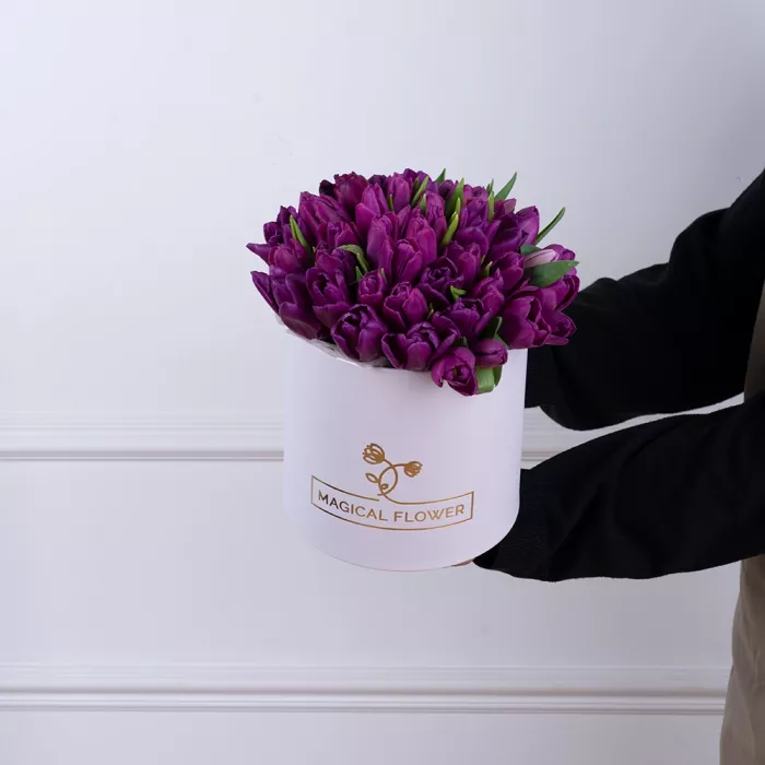 51 фиолетовый тюльпан в белой шляпной коробке