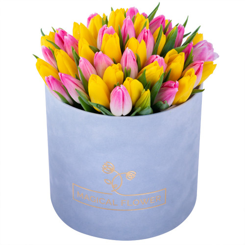 51 разноцветных тюльпан в серой бархатной шляпной коробке