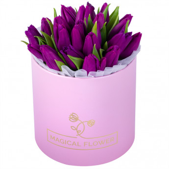 25 фиолетовых тюльпан в розовой шляпной коробке
