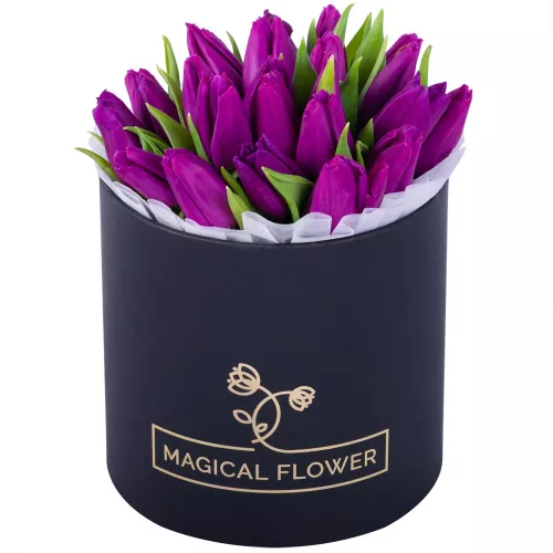 25 фиолетовых тюльпан в черной шляпной коробке