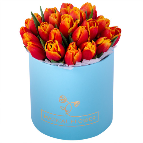 25 огненных тюльпан в голубой шляпной коробке